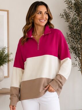 Ideology XL Colorblock Quarter Zip Pullover Sweatshirt Pink Ivory Taupe NWOT